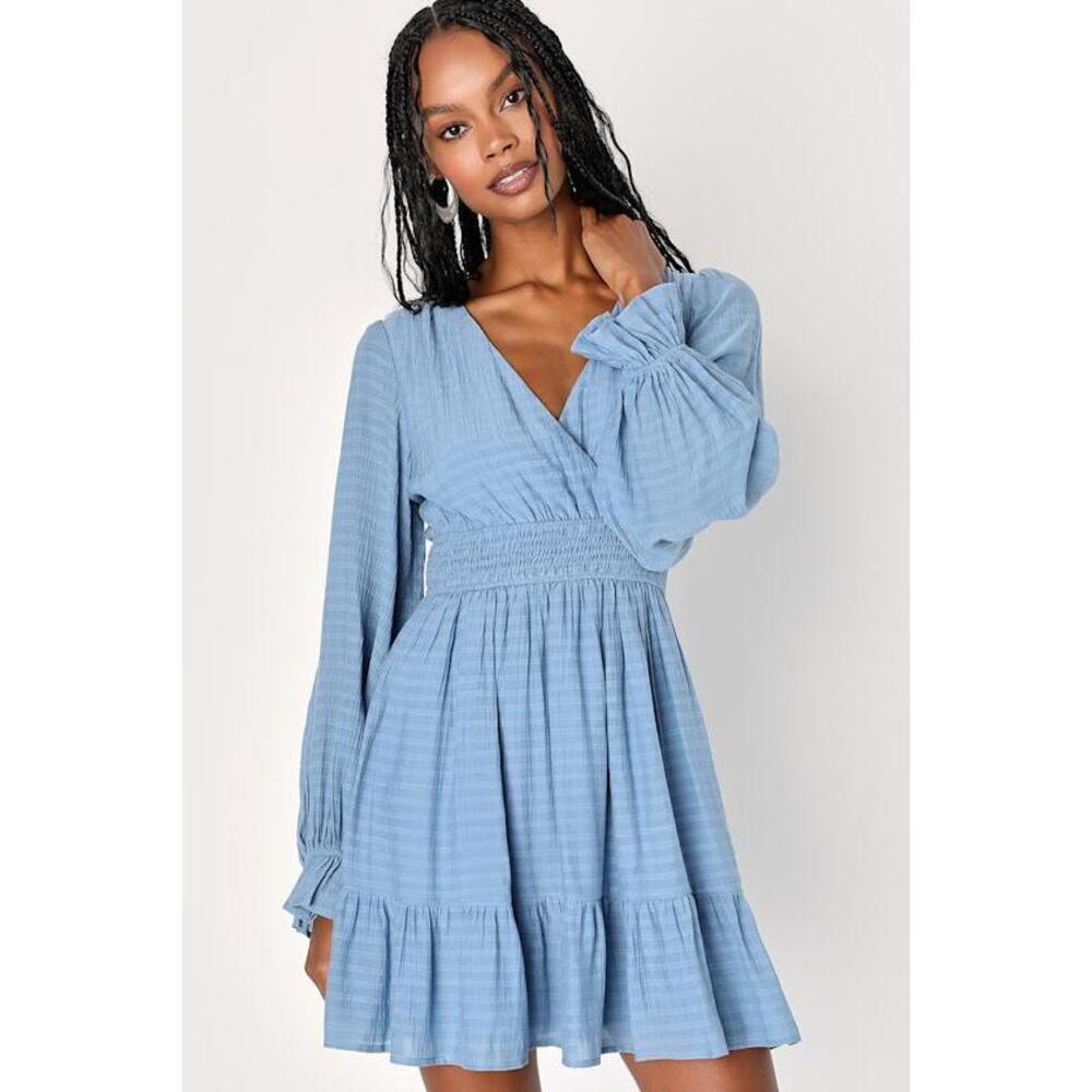 Lulus Pretty Charming Slate Blue Striped Tiered Long Sleeve Mini Dress - Size S